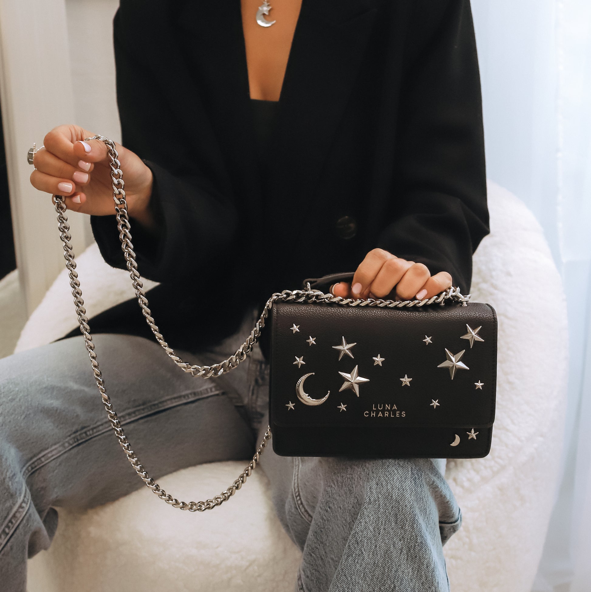 Nova Star Studded Handbag - Black & Silver