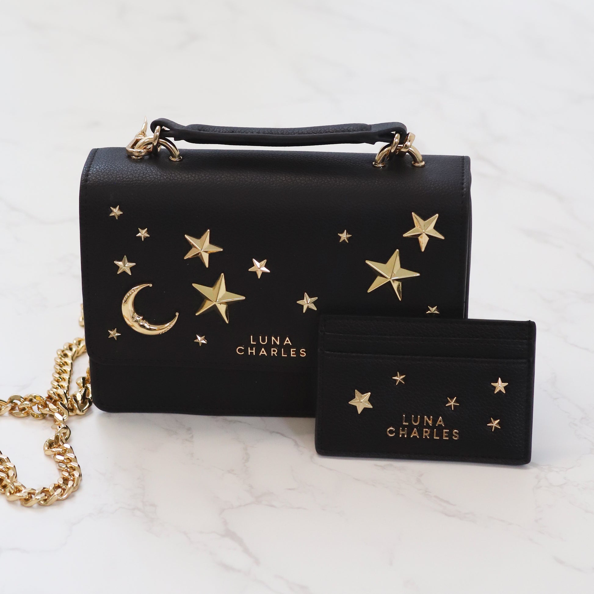 Tala Star Studded Card Holder - Black & Gold