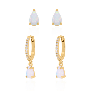 Opal Earring Gift Set | Huggie Hoops & Stud Earrings | 18k Gold Plated
