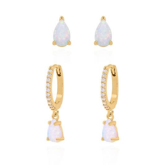 Opal Earring Gift Set | Huggie Hoops & Stud Earrings | 18k Gold Plated