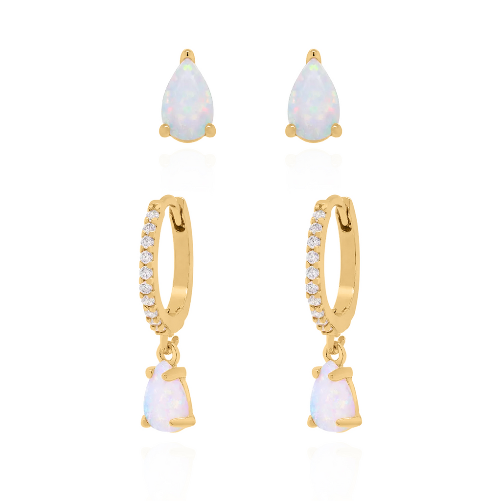 Opal Earring Gift Set Huggie Hoops & Stud Earrings 18k Plated