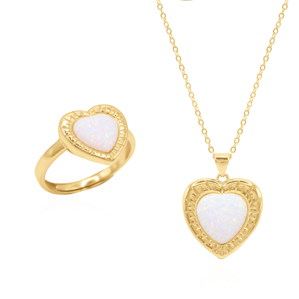 Opal Heart Ring Gift Set Ring & Necklace 18k Plated