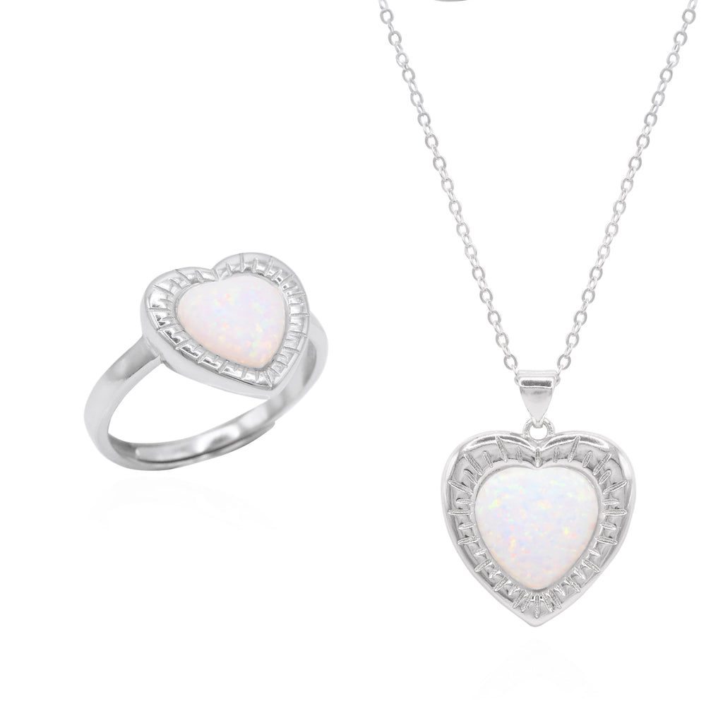 Opal Heart Ring Gift Set Ring & Necklace 925 Sterling