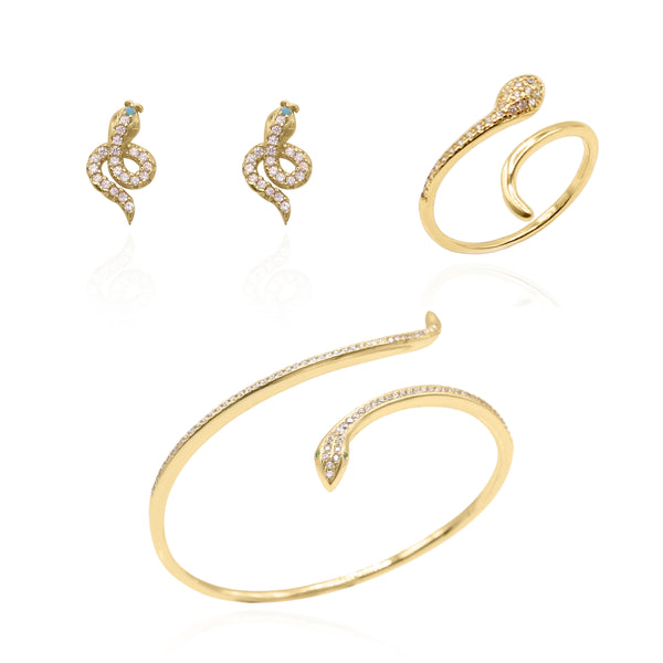 Snake Charm Bangle Gift Set | Stud Earrings, Ring & Bangle | 18k Gold Plated