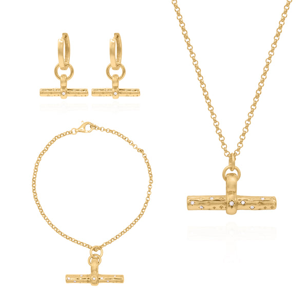 T-Bar Gift Set | Earrings Necklace & Bracelet | 18k Gold Plated