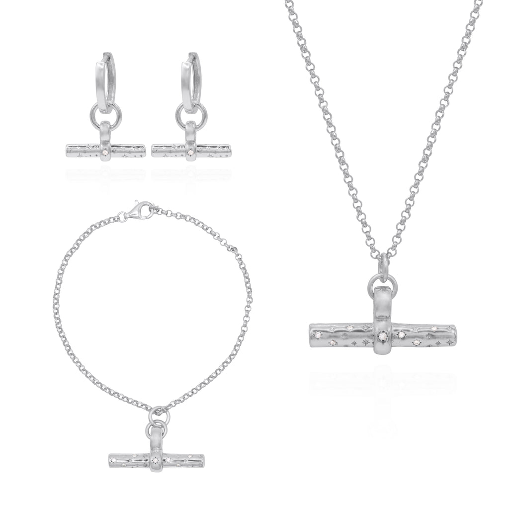 T Bar Gift Set Earrings Necklace & Bracelet 925 Sterling