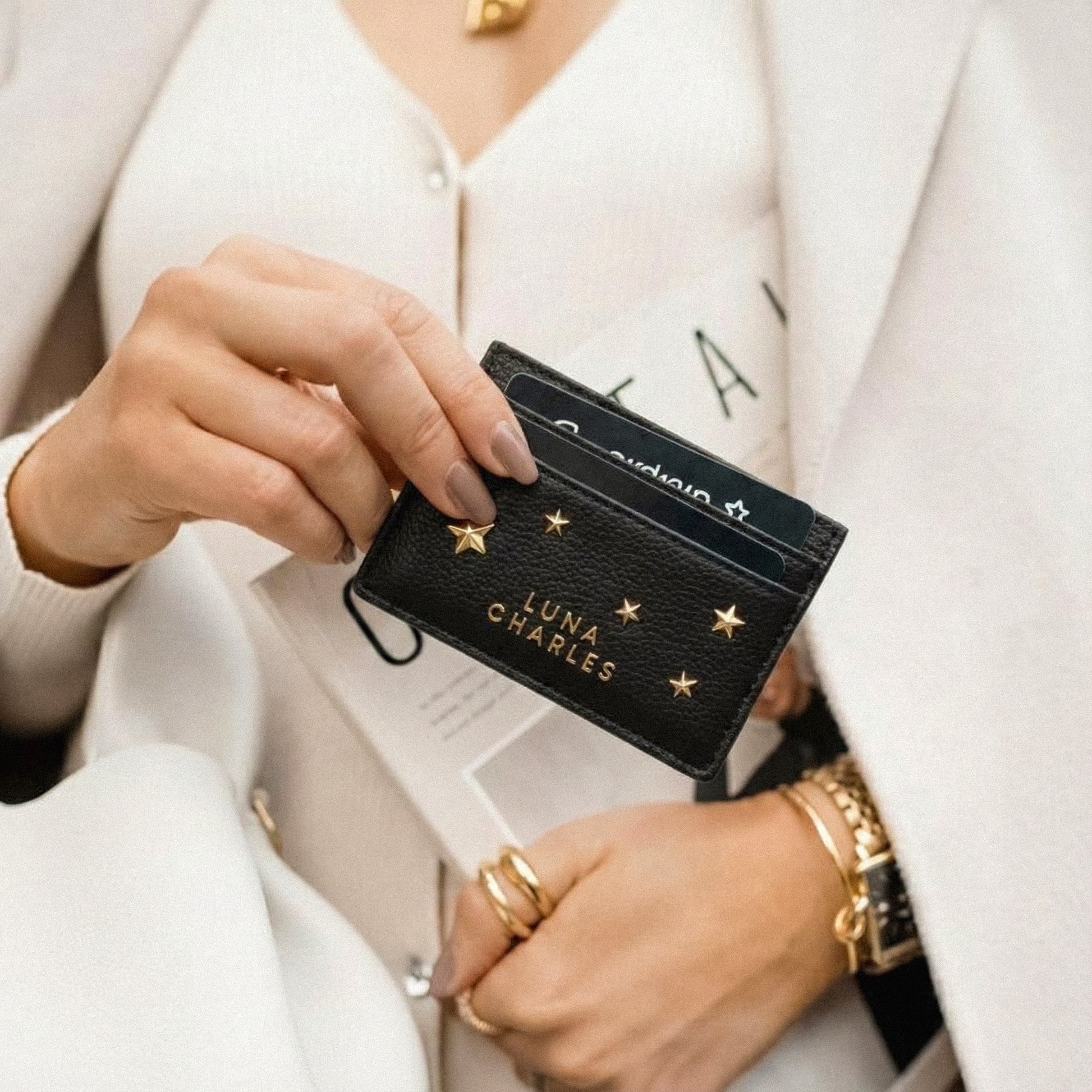 Tala Star Studded Card Holder - Black & Gold
