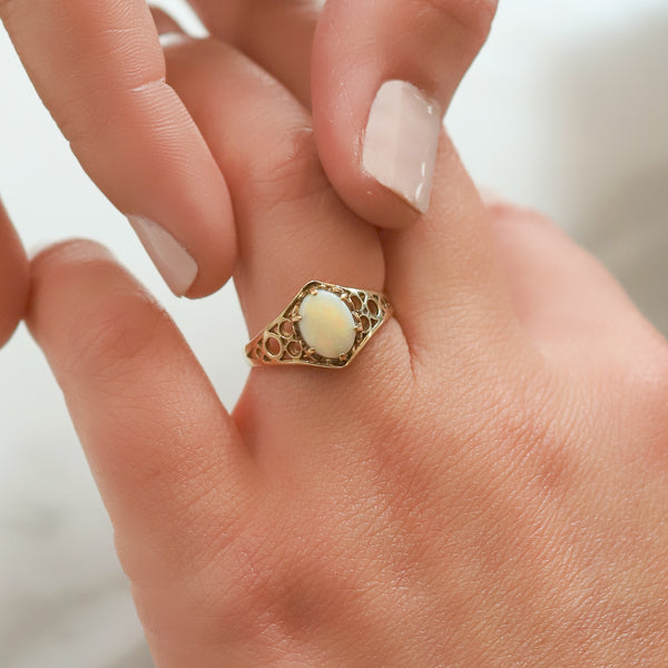 Vintage Irene Filigree Opal Ring | Size M | Solid 9ct Gold