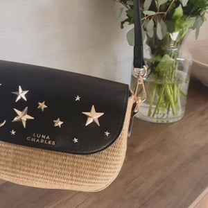 Elena Star Studded Rattan Handbag - Black & Gold