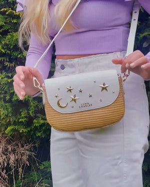 Elena Star Studded Rattan Handbag - White & Gold