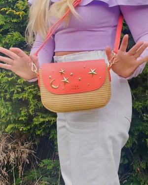 Elena Star Studded Rattan Handbag - Coral & Gold