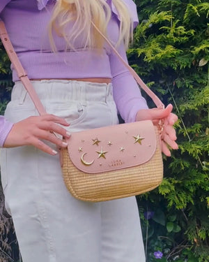 Elena Star Studded Rattan Handbag - Pink & Gold