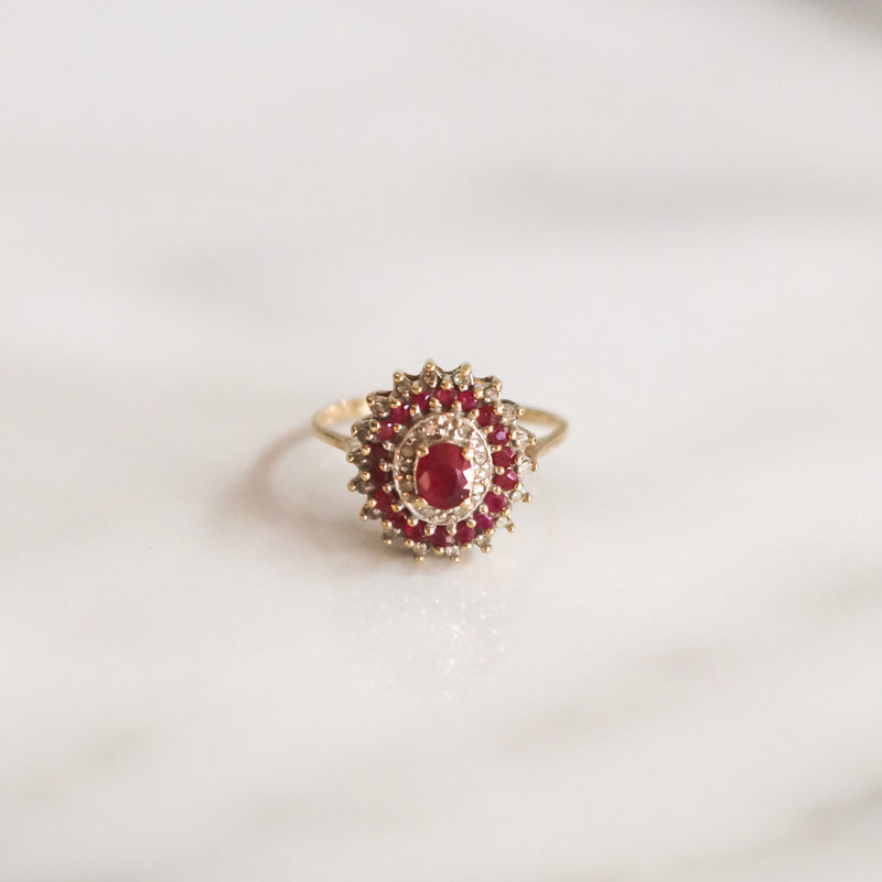 Vintage Agnes Ruby & Diamond Halo Cluster Ring | Size N | 9ct Solid Gold