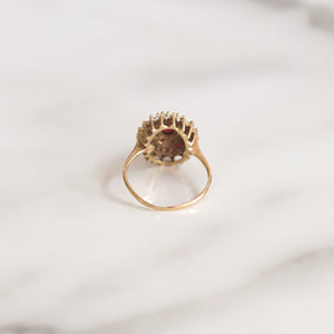 Vintage Agnes Ruby & Diamond Halo Cluster Ring | Size N | 9ct Solid Gold