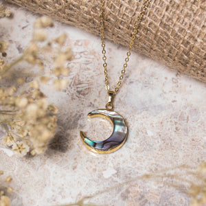 Aylin Abalone Shell Moon Necklace | 14K Gold Plated - Luna Charles | chain, charm, gemstone, gold, Jewellery, moon, necklace, pendant, quartz, rainbow, shell, statement | 