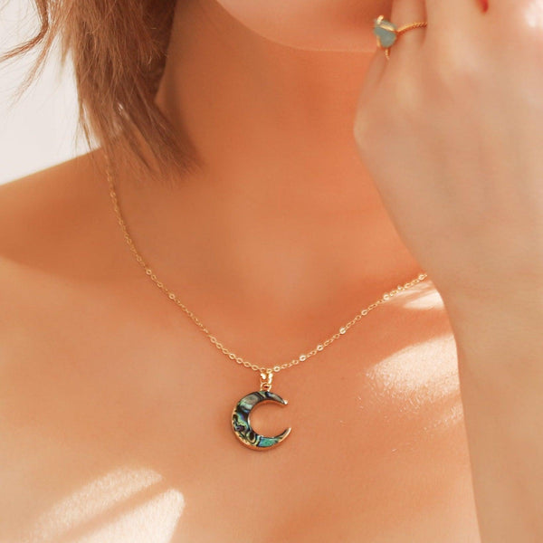 Aylin Abalone Shell Moon Necklace | 14K Gold Plated - Luna Charles | chain, charm, gemstone, gold, Jewellery, moon, necklace, pendant, quartz, rainbow, shell, statement | 