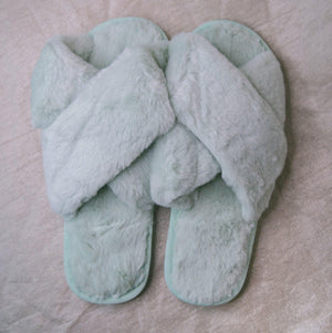 Blossom Faux Fur Slippers - Mint Green - Luna Charles | accessories, comfort, dawn, everyday, faux fur, fluffy, green, mint, slippers | 