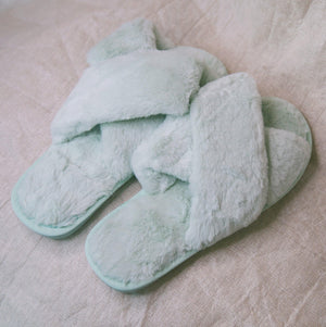 Blossom Faux Fur Slippers - Mint Green - Luna Charles | accessories, comfort, dawn, everyday, faux fur, fluffy, green, mint, slippers | 