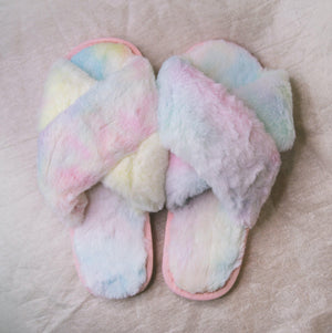 Blossom Faux Fur Slippers - Pastel Rainbow - Luna Charles | accessories, comfort, dawn, everyday, faux fur, fluffy, rainbow, slippers | 