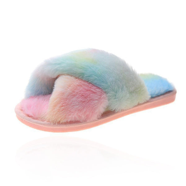 Blossom Faux Fur Slippers - Pastel Rainbow - Luna Charles | accessories, comfort, dawn, everyday, faux fur, fluffy, rainbow, slippers | 