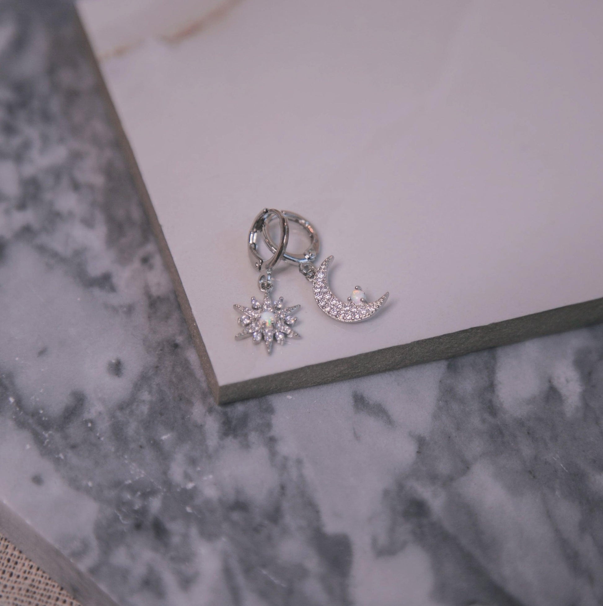 Esmae Moon & Star Earrings | 925 Silver Plated - Luna Charles | Earrings, gemstone, huggie, Jewellery, moon, opal, silver, spike, Star, wedding | 