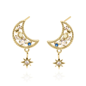 Fleur Moon Earrings | 18K Gold Plated - Luna Charles | gemstone, gold, Jewellery, moon, opal, sparkle, star, statement, studs, wedding | 