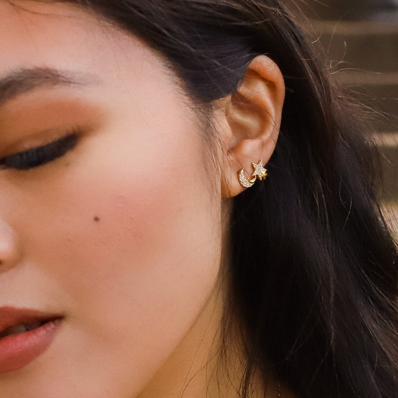 Kandra Double Moon & Star Stud Earrings | 18K Gold Plated