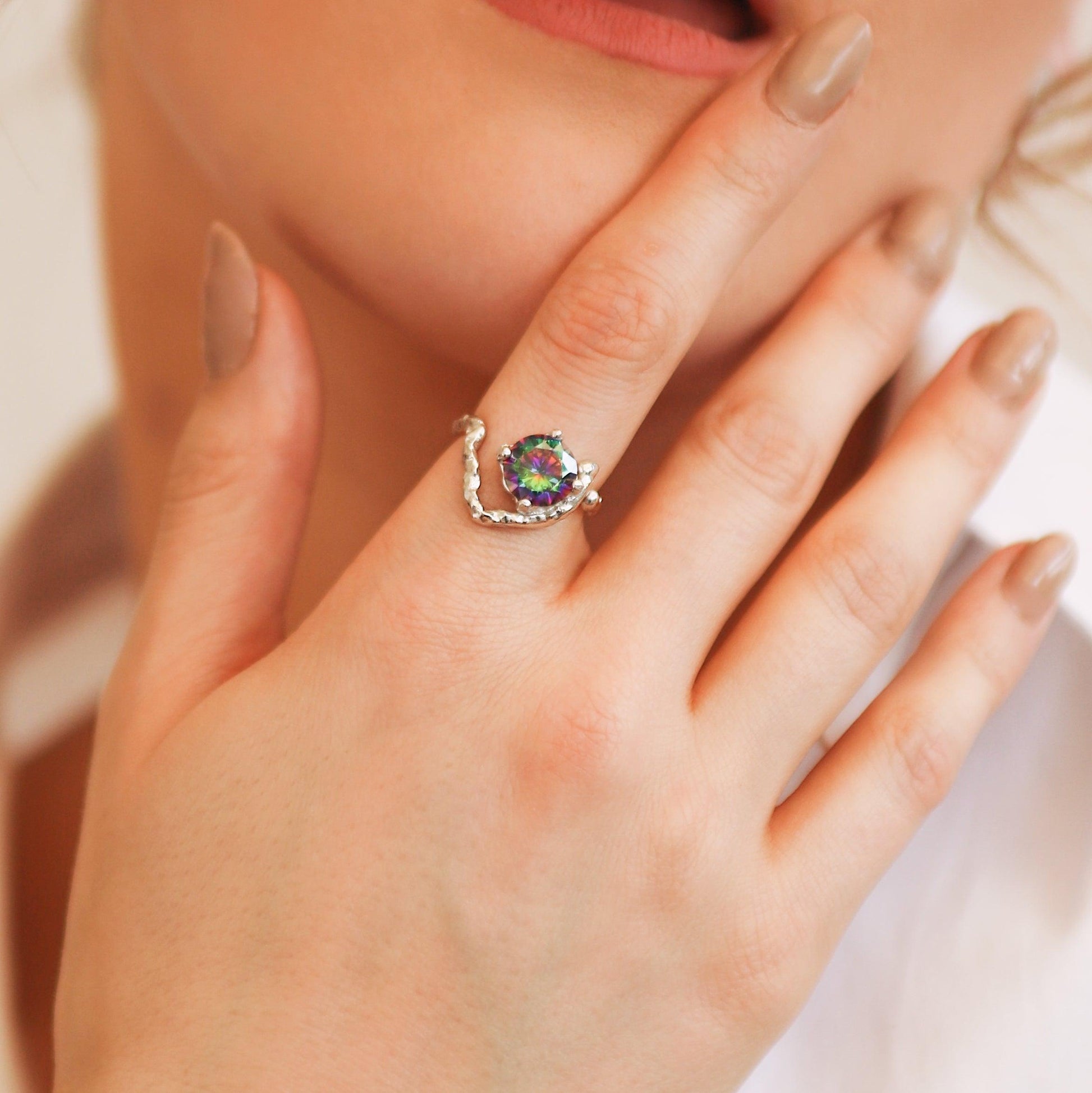Melike Hammered Twist Ring | 925 Sterling Silver - Luna Charles | adjustable, gemstone, hammered, Jewellery, ring, silver, sparkle, statement, zircon | 