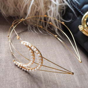 Aisha Gold Moon Pearl Headband - Luna Charles | aisha, gold, hair accessories, headband, metal headband, moon, pearl, star, wedding | 