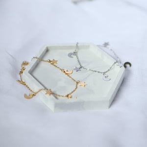 Nazma Moon & Star Charm Anklet | 925 Sterling Silver Plated - Luna Charles | anklet, chain, charm, Jewellery, moon, silver, Star, stars, summer | 