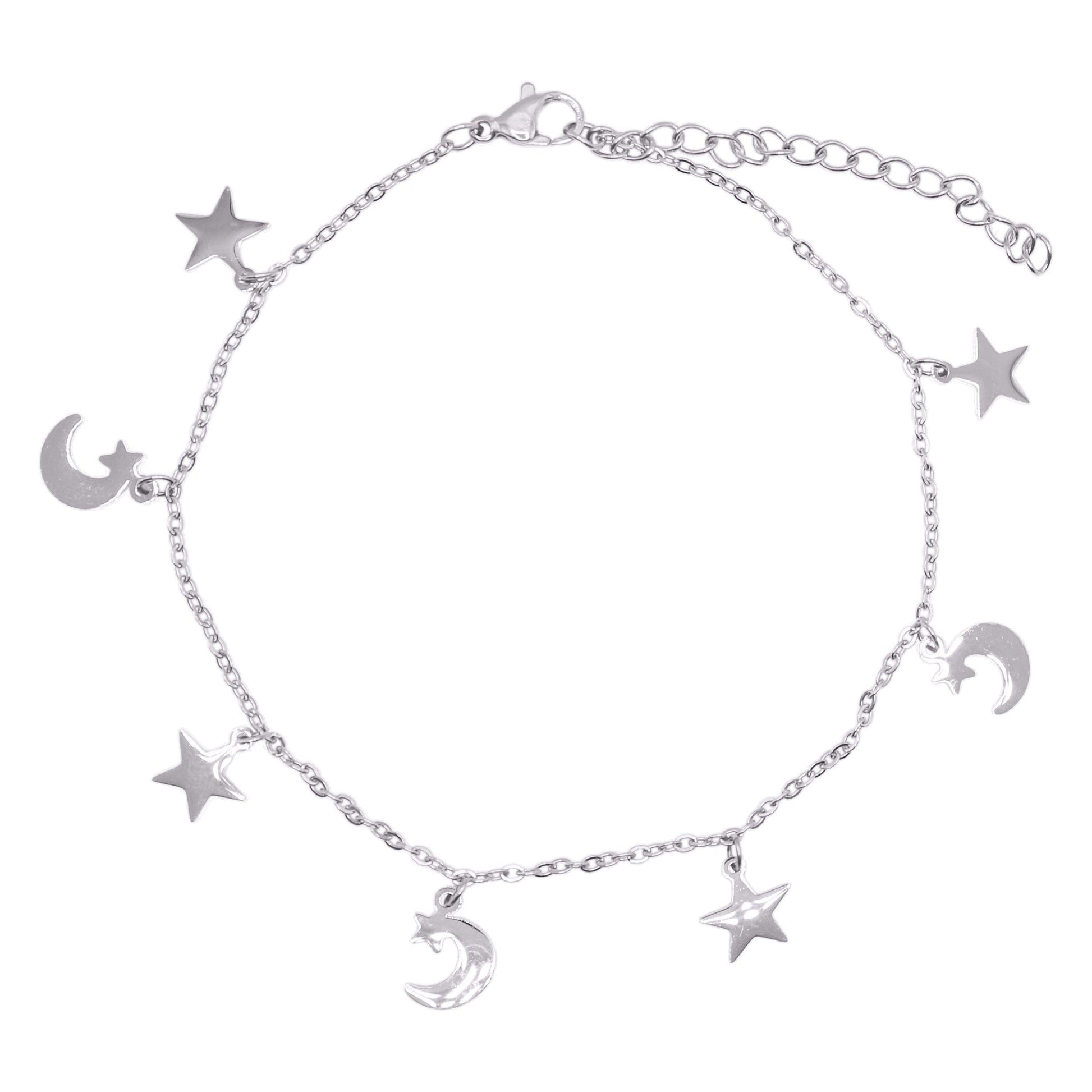 Nazma Moon & Star Charm Anklet | 925 Sterling Silver Plated - Luna Charles | anklet, chain, charm, Jewellery, moon, silver, Star, stars, summer | 