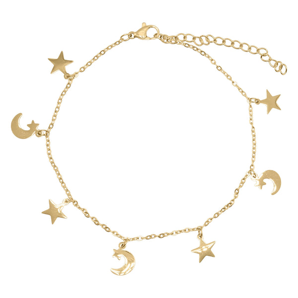 Nazma Moon & Star Charm Anklet | 14K Gold Plated - Luna Charles | anklet, chain, charm, gold, Jewellery, moon, Star, stars, summer | 