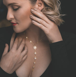 Juliet Star Burst Y Drop Necklace | 18K Gold Plated - Luna Charles | chain, gold, Jewellery, necklace, pendant, sparkle, Star, statement, wedding | 