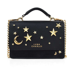 Luna Charles Nova Star Studded Handbag Black Gold Vegan Leather