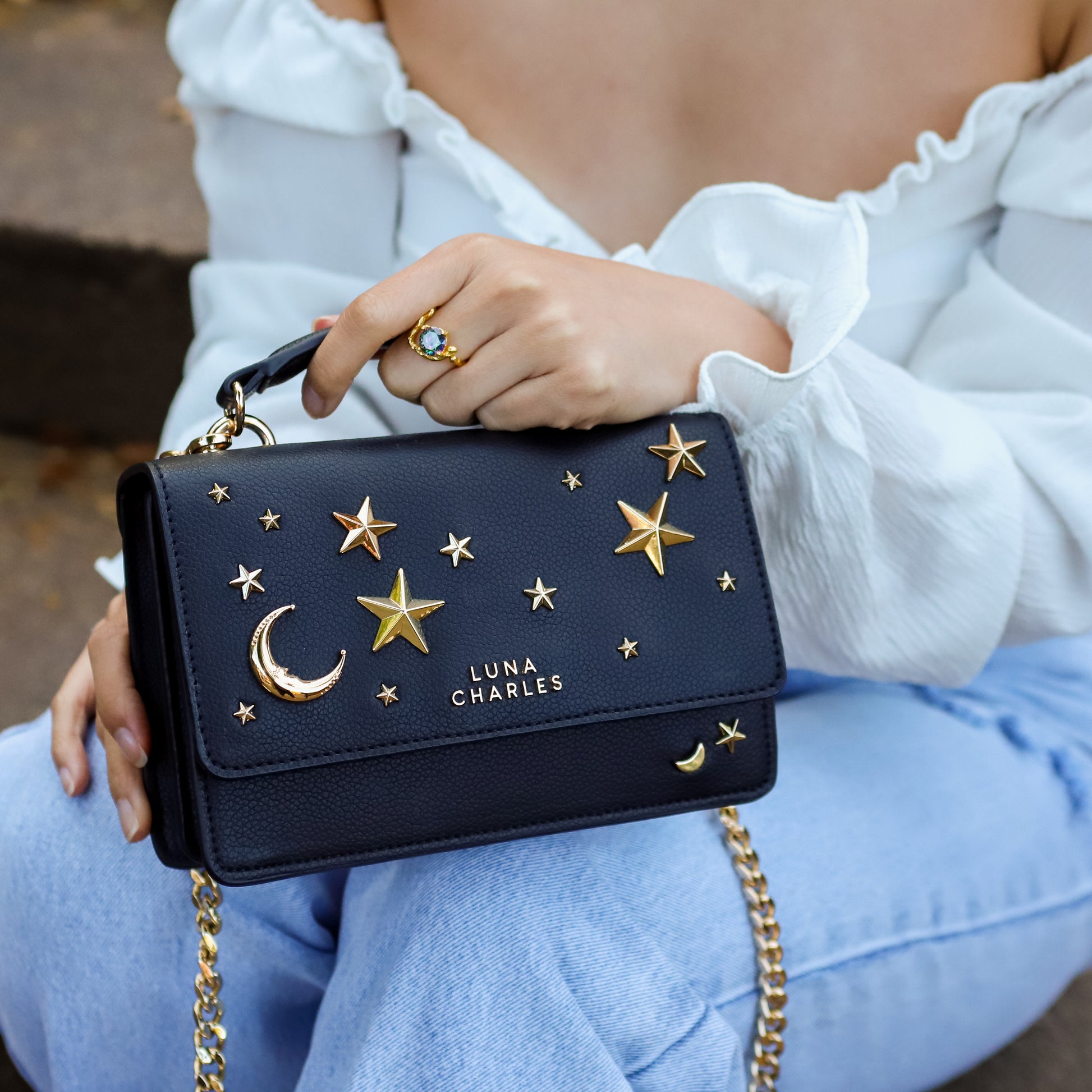 Nova Star Studded Handbag - Black & Gold