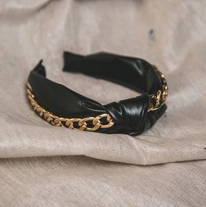 Rihanna Leather Chain Headband - Black - Luna Charles | chain, gold, hair accessories, headband, knot, leather, vegan | 