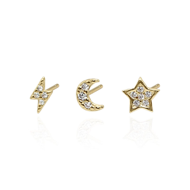 Stormy Lightning, Moon & Star Stud Earrings Set | 18K Gold Plated - Luna Charles | Earrings, gold, Jewellery, lightning, moon, stars, studs, wedding | 