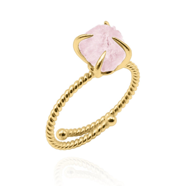 Zoraida Rose Quartz Raw Crystal Ring | 18K Gold Plated - Luna Charles | adjustable, crystal, everyday, gold, Jewellery, moonstone, raw, ring, wedding | 
