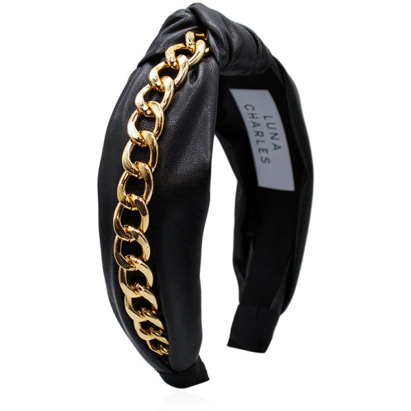Rihanna Leather Chain Headband - Black - Luna Charles | chain, gold, hair accessories, headband, knot, leather, vegan | 