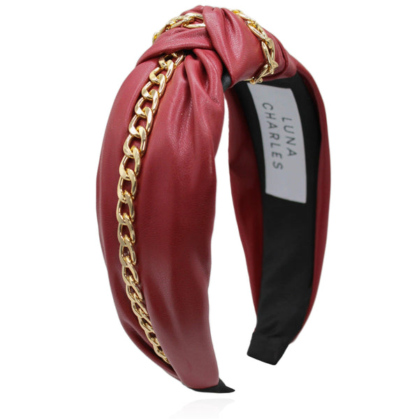 Rihanna Leather Chain Headband - Red - Luna Charles | chain, gold, hair accessories, headband, knot, leather, punk, vegan | 